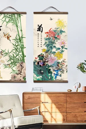 chinese style flower Green plants canvas decorative painting Store bedroom living room wall art solid wood scroll paintings