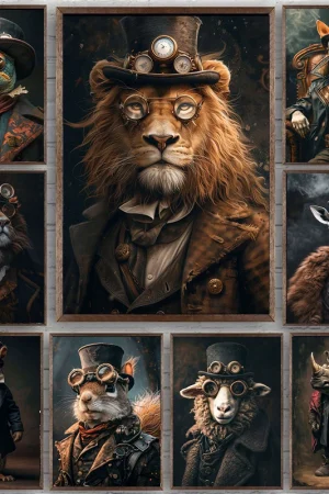 Cool Steampunk Animals Portrait Print Posters Pictures Retro Animal Wall Art Canvas Painting Mural for Living Room Home Decor