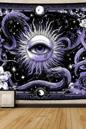 Mystical Fantasy Tapestry with Purple-Eyed Serpent and Flower Design, Wall Art for Living Room, Bedroom, Dorm, Home Decor