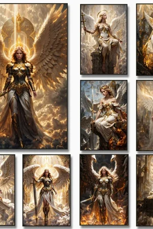 Fantasy Art Heavenly Angels Female Archangels Poster Golden Wings Canvas Painting Wall Art Picture for Living Room Home Decor