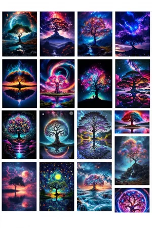Space Fantasy Landscape Posters Print Canvas Wall Art Eternal Tree Under the Cosmic Sky Painting for Living Room Home Decor