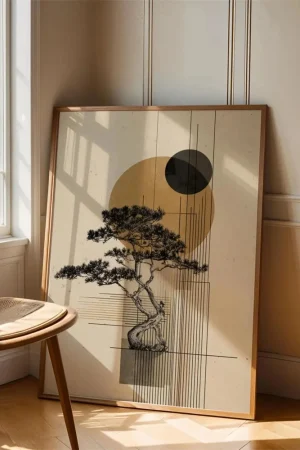 1pc Japan Bonsai Wall Art | Minimalist Japanese Poster | Zen Nature Digital Print | Abstract Sun Illustration unframe poster