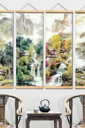 Chinese Traditional Style Four Seasons Landscape Canvas for Living Room Wall Art Poster Solid Wood Scroll Paintings Home Decor