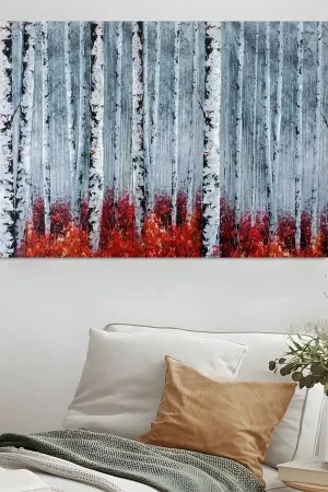 2D Flat Framed Canvas Wall Art - Abstract Expressionist Birch Forest (Red Ground Cover, Printed Poster Art, Ready to Hang