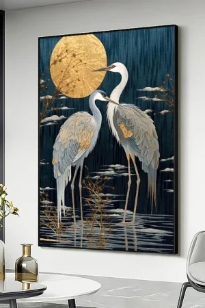 Modern Nature Golden Crane and Moon Art Canvas Painting Posters Prints Abstract Animals Wall Art Pictures Living Room Home Decor