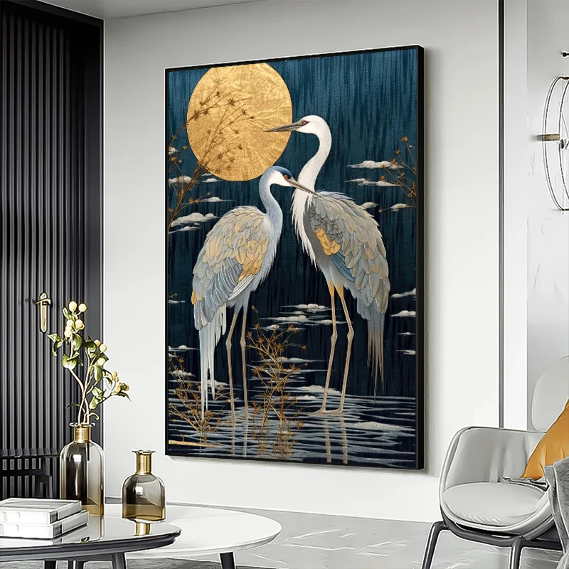 Modern Nature Golden Crane and Moon Art Canvas Painting Posters Prints Abstract Animals Wall Art Pictures Living Room Home Decor