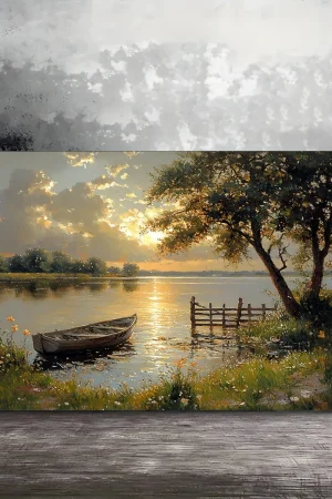 1pc Wooden Framed Sunset Lake Canvas Art (Boat Theme, Serene Nature Scene, Suitable Wall Decor for Living Room