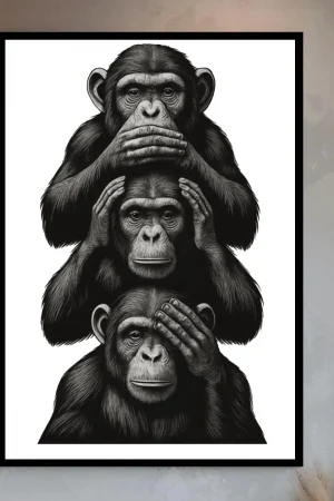 Three Wise Monkeys Wall Art, See No Evil Hear No Evil Speak No Evil Poster, Black and White Illustration, Printable Animal Decor
