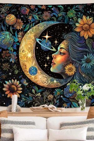 Sun and Moon Tapestry Bedroom Hippie Boho Floral Flower Plant Wall Tapestry Aesthetic Vintage Galaxy Celestial Star Spiritual